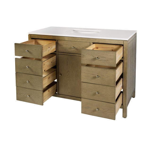 Nora 48 in. W Quartz and Wood Single Sink 8 Drawer Bathroom Vanity Set, Light Oak For Sale In Chicago - Image 6 of 12