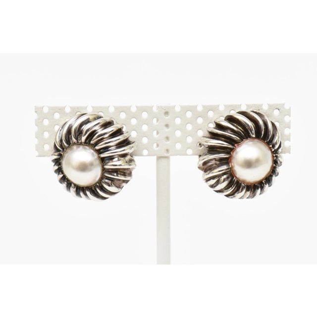 Modern Vintage Tiffany and Co. Sterling Silver and Mabe Pearl Pierced Lever Back Earrings Pair of 70's For Sale - Image 3 of 10