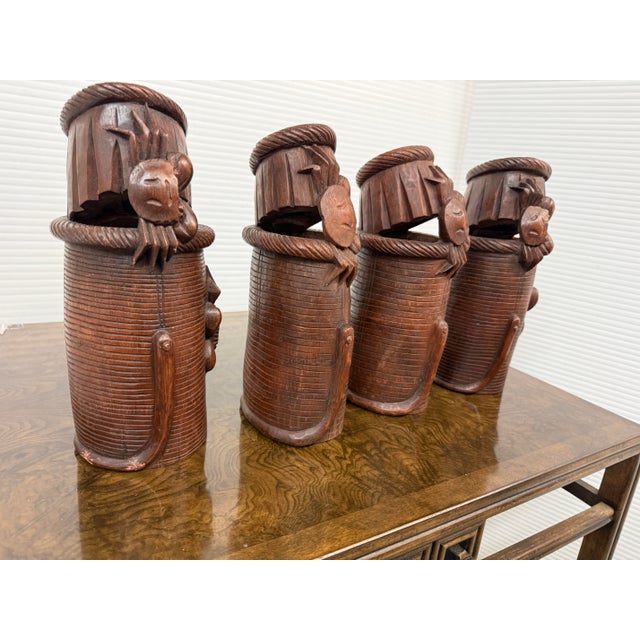 Chinese Antique Bamboo Hand Carved Basket Crab Decorative Brush Pots, Set of 4 For Sale - Image 4 of 12