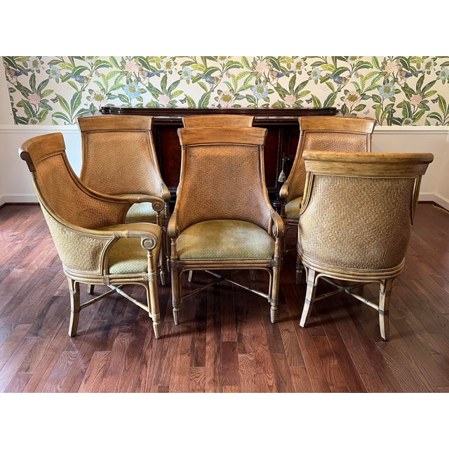 Tommy Bahama Style Woven Rattan & Faux Bamboo Dining Arm Chairs by Drexel Heritage Set of 6