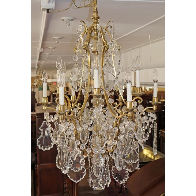 Glass Late 19th Century French Louis XV Style Brass & Crystal 12 Light Cage Chandelier For Sale - Image 7 of 18
