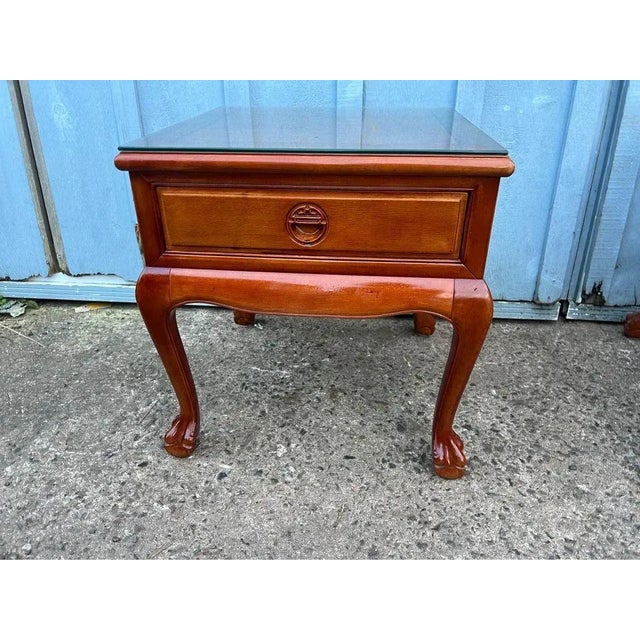 Chinoiserie Pair Solid Rosewood End-Side Tables With Glass Top . 1970s For Sale - Image 3 of 12