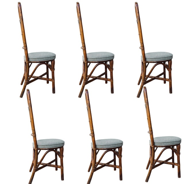 Mid-Century Modern 1960s European High Back Bamboo & Rattan Dining Chairs - Set of 6 For Sale - Image 3 of 18