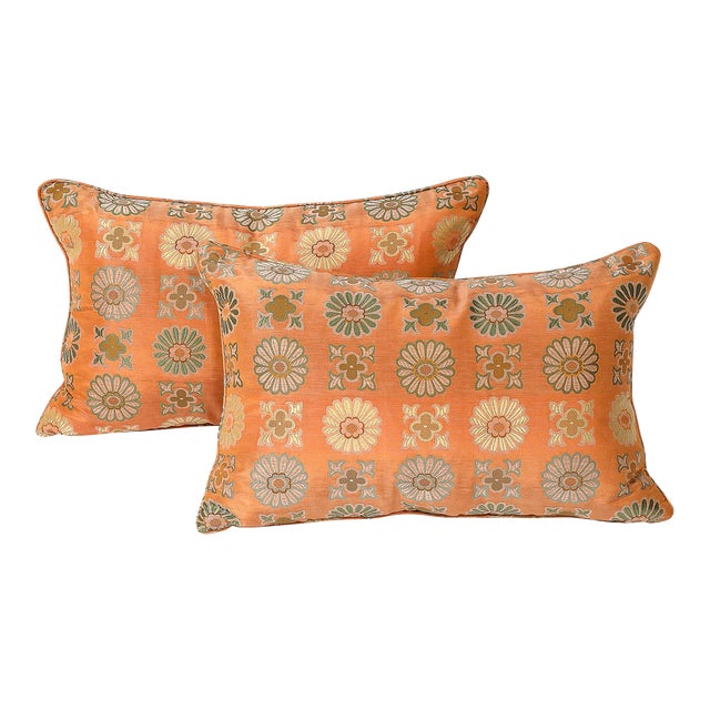 Pair of Silk & Down Stuffed Pillows in Orange & Emerald Green Eastern Patterning For Sale