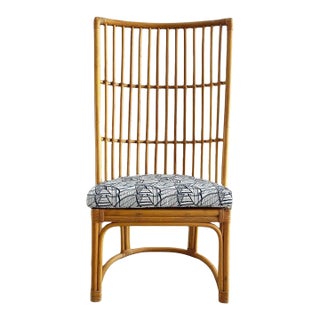 Vintage Coastal Tall-Back Rattan Chair, Newly Upholstered Cushion For Sale
