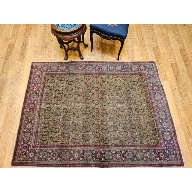 Textile Vintage Persian Tabriz Rug, Hand-Knotted Wool, Allover Paisley Pattern, Chartreuse & Red, 5x6 For Sale - Image 7 of 15