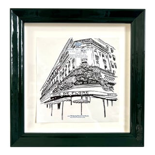 "Cafe De Flore" Framed Original Drawing on Hotel Stationery For Sale