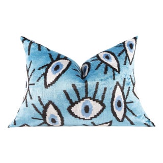Canvello Handmade Velvet Evil Eye Pillow – 16x24 Feather Down Insert, Vegetable-Dyed, Vibrant Blue Accent For Sale
