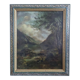 Antique 19th Century Oil Painting Moody Woodland Landscape With Deer For Sale