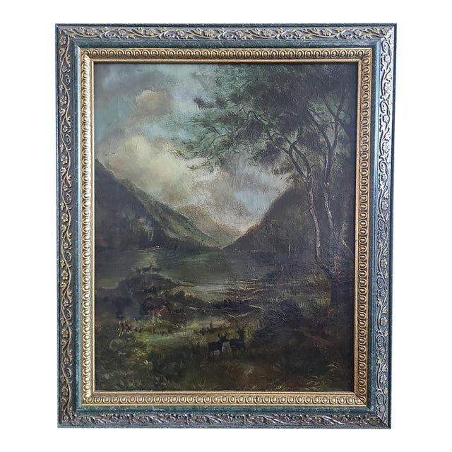 Antique 19th Century Oil Painting Moody Woodland Landscape With Deer For Sale