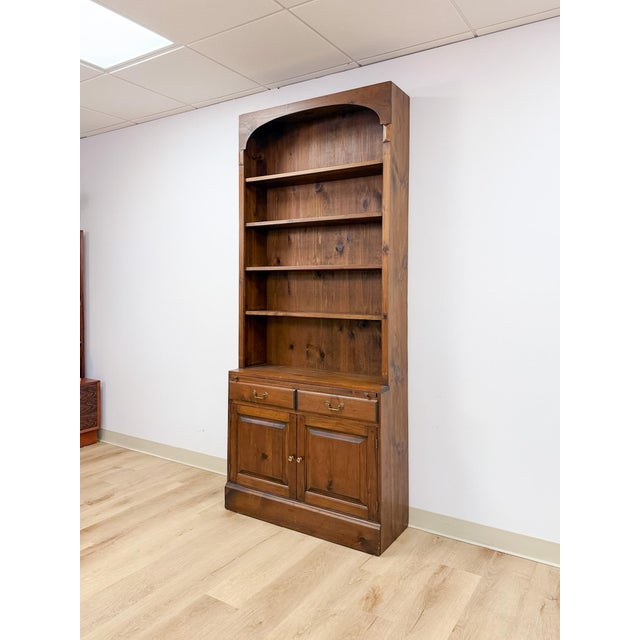 Farmhouse Handmade Pine Walnut Tone Bookcase Desk Drawers Cabinet Antique Style For Sale - Image 3 of 16