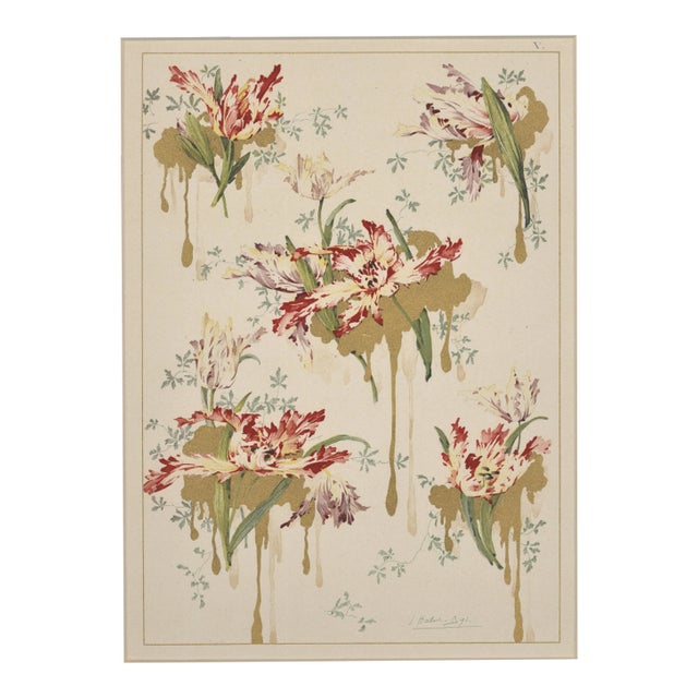 1900 Art Nouveau Botanical Design Chromolithograph-Tulip, Matted For Sale