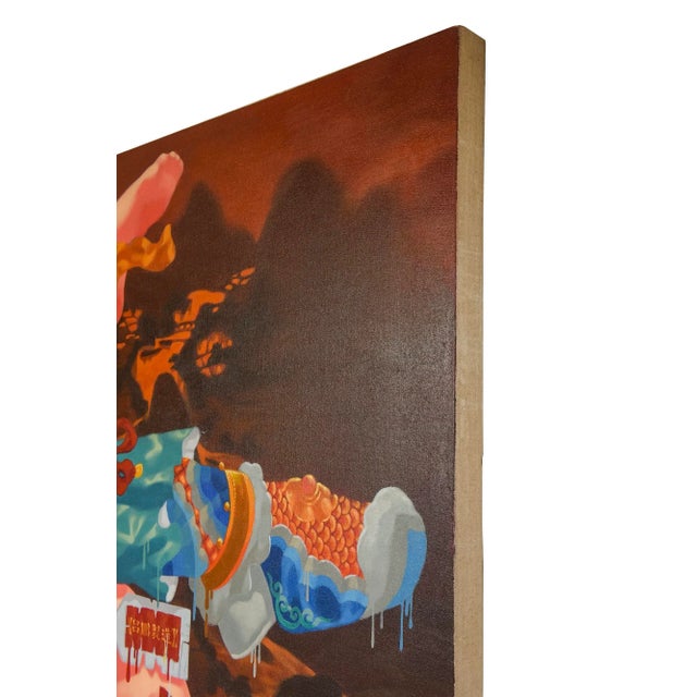 Red Lu Peng Large Colorful Provocative Acrylic Painting Titled Floating, 1996, Chinese For Sale - Image 8 of 11