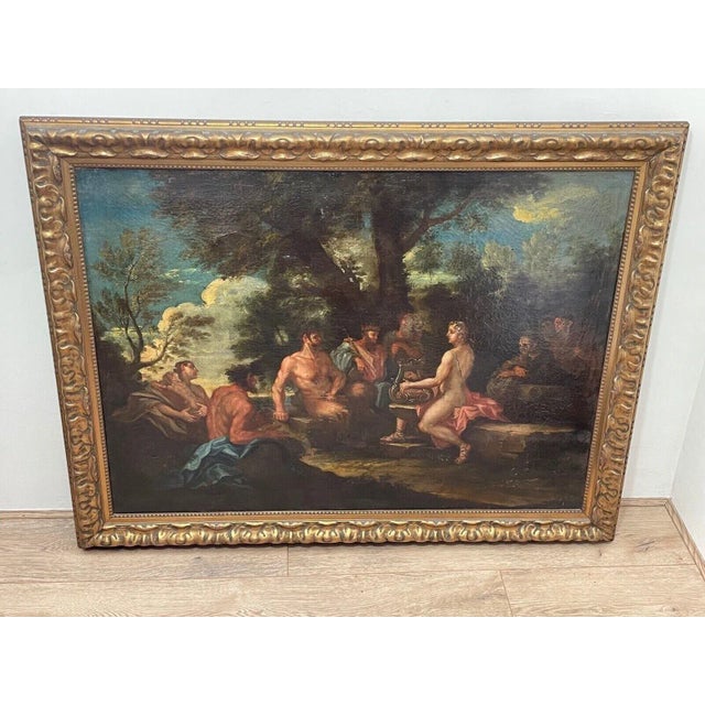 18th Century Italian Baroque Mythological Oil Painting in Carved Giltwood Frame Apollo and Marsyas After Filippo Lauri For Sale - Image 6 of 11