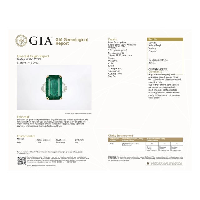 12.49 Ct Gia Certified Natural Zambian Emerald & Diamond Ring, Size 6.5 For Sale - Image 9 of 9