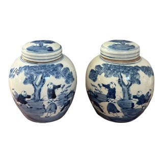 Pair of Small Blue & White Ginger Jars With Classic Chinese Motif For Sale
