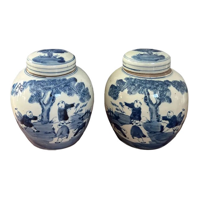 Pair of Small Blue & White Ginger Jars With Classic Chinese Motif For Sale