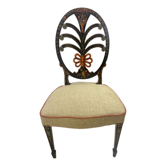 Vintage Hand-Painted Neoclassical Plume Back Side Chair, Newly Reupholstered For Sale