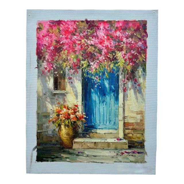 Vibrant Mediterranean Doorway Oil Painting on Canvas, Unstretched by Eric Sam For Sale