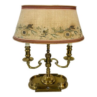 Antique Brass Lamp With Custom Shade For Sale