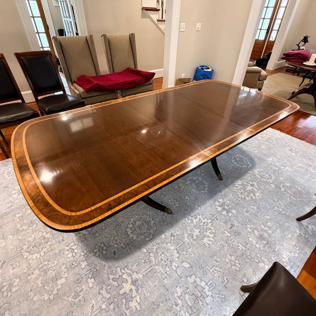 Early 20th Century Antique Multi Banded Mahogany Double Pedestal Dining Table For Sale - Image 5 of 12