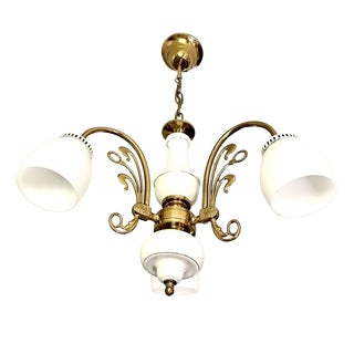 Art Nouveau Style Porcelain Chandelier with Gilded Brass, 1970s For Sale