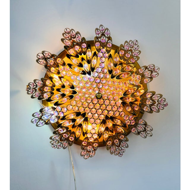 Vintage Brass Sunburst Ceiling Light, Hand-Painted Pink Crystal Beaded Mandala Chandelier, 10-Light Flush Mount For Sale - Image 16 of 18