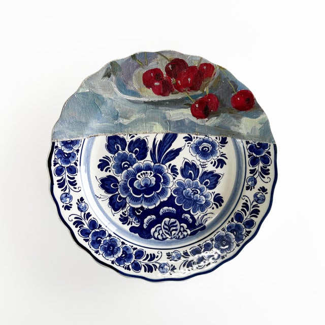 Wall Art Installation: Composition of Ceramic Plates and Oil on Canvas - "Roses & Cherries" - Set of 7 For Sale - Image 10 of 12