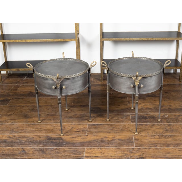 Trouvailles Furniture Inc. Pair of Trouvailles Metal and Brass Side Tables with Swan Necks and Doors For Sale - Image 4 of 11