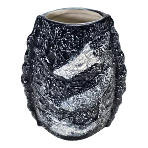Modernist Chinese Ceramic Vase With Fossil Fish Relief, Cobalt Tenmoku Glaze Brutalist Style