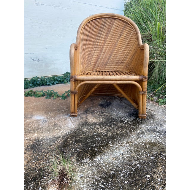 Boho Chic Stunning Split Reed + Rattan Barrel Club or Lounge Chair | Hollywood Regency to Mid Century Modern in a Gabriela Crespi For Sale - Image 3 of 11
