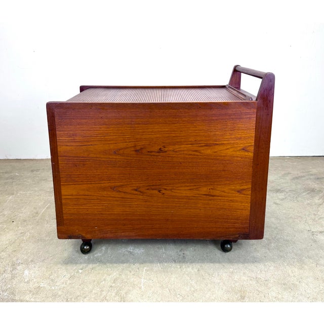 Mid-Century Modern Mid Century Danish Modern Teak Tambour Door Craft / Sewing / Art / Bar Cart For Sale - Image 3 of 12