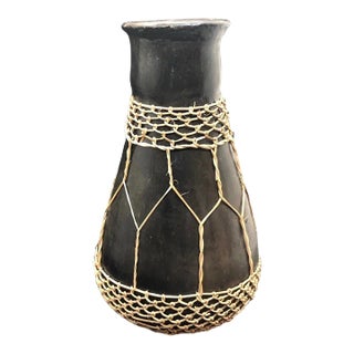 Vintage Mid Century Wooden Vase With Basketry Weave Overlay For Sale