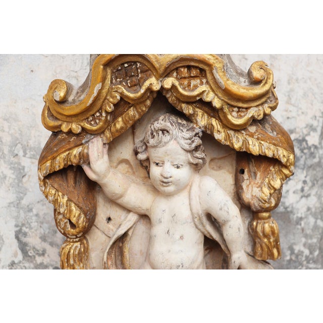 Beige Cherub Angel Within a Baldachin, 18th Century, Portuguese Baroque For Sale - Image 8 of 15
