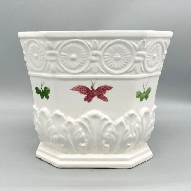 Mid 20th Century Vintage Italian White Ceramic Cachepot With Colorful Butterflies — Neoclassical / Hollywood Regency For Sale - Image 5 of 16