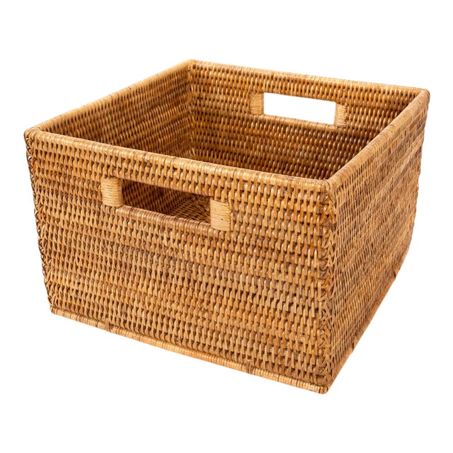 Artifacts Rattan Square Storage Basket with Handles in Honey Brown - 12" For Sale