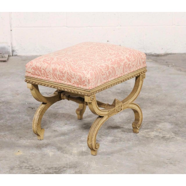 Vintage Italian Curule-Style Stool Newly Reupholstered in Fortuny Fabric For Sale - Image 10 of 10
