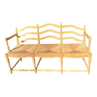 Country French Settee Bench Canned Rush Seats Vintage For Sale