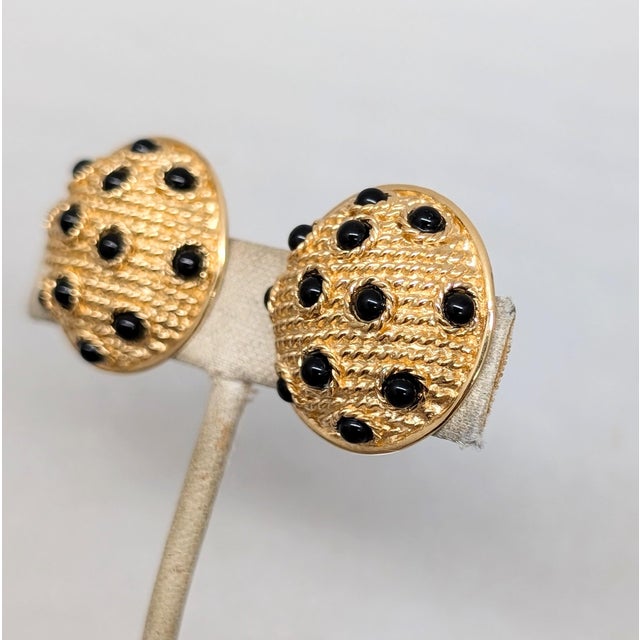 Vintage 1980s Signed Guy Laroche Paris Round Goldtone Cabochon Faux-Onyx Clip Earrings-2 Pieces For Sale - Image 4 of 7