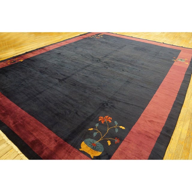 1920s 1920s Solid Blue Open Field Antique Chinese Art Deco Knotted Rug 11' 2" X 14' 2" For Sale - Image 5 of 11