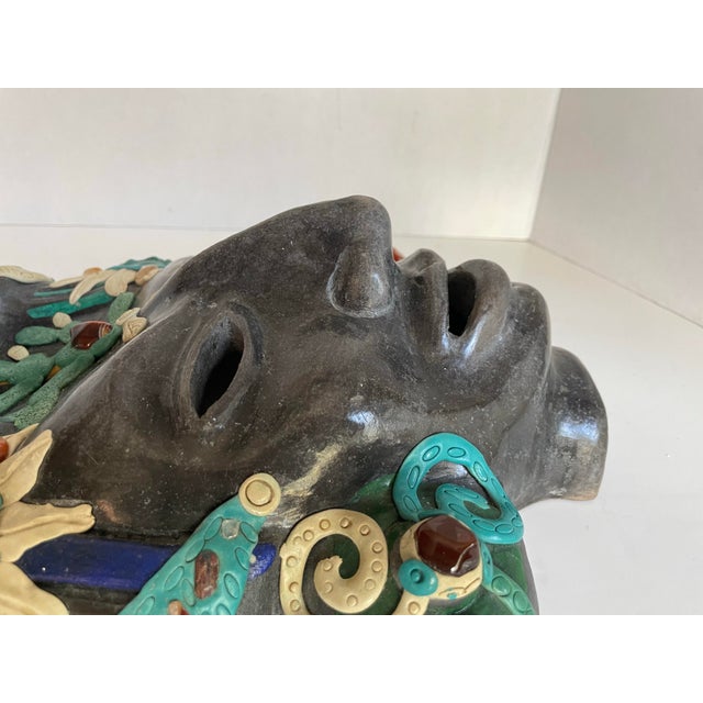 Vintage Mexican Folk Art Ceramic & Stone Embellished Sculptural Wall Mask For Sale - Image 9 of 12