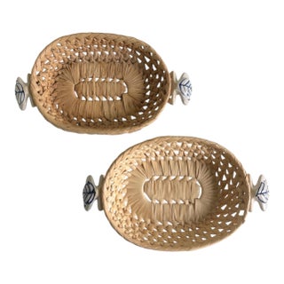 Pair of Vintage Woven Basket Trays With Blue White Delft Style Porcelain Hand-Painted Handles For Sale