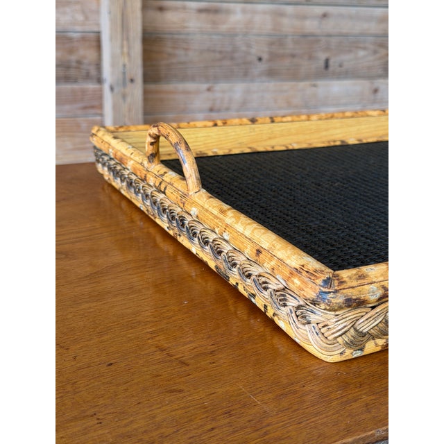 Vintage Scorched Bamboo and Woven Rattan Serving Tray For Sale - Image 9 of 12