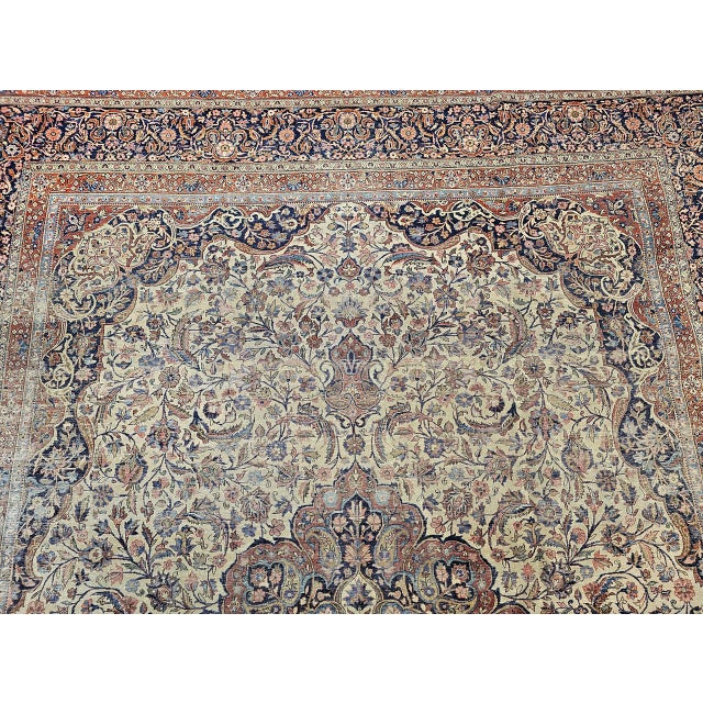 19th Century Persian Kashan Rug, Hand-Knotted Wool & Cotton, Floral Design, Ivory & Navy, 9x12 For Sale - Image 12 of 18