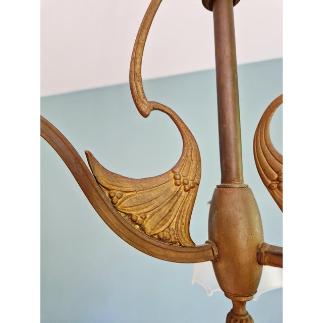 Antique Art Nouveau Chandelier in Brass and Scalloped Frosted Glass, 1890s For Sale - Image 10 of 16