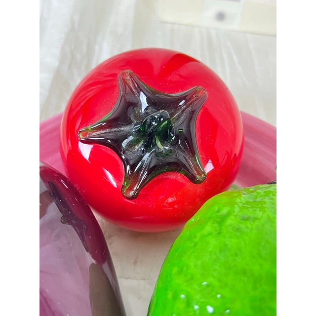 Vintage Art Glass Fruit Centerpiece on Portuguese Plate Tomato Lemon Eggplant For Sale - Image 10 of 10