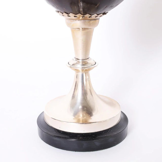 Intriguing vintage object, a polished coconut now a lidded caddy with silver plated metal lid and stand. By Van Cort....
