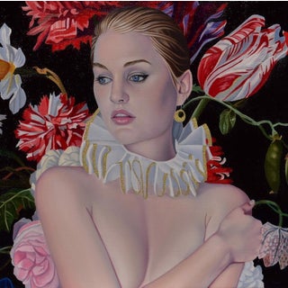 Regal by Suzy Smith | Oil on canvas Portrait of a woman with floral background For Sale