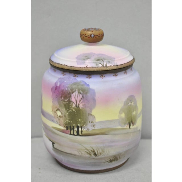 Antique Nippon Hand Painted Porcelain Countryside Lake Scene Covered Biscuit Jar For Sale - Image 17 of 17