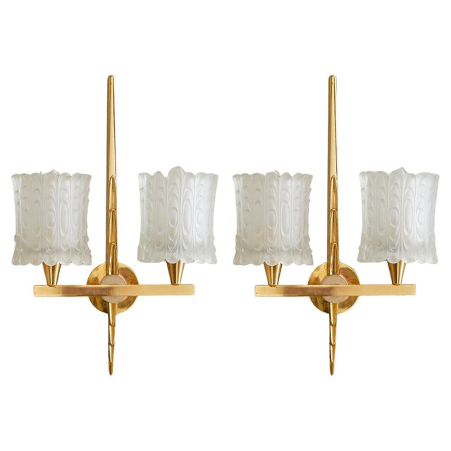 1940s 1940s French Brass + Glass Sconces Attributed to Maison Arlus - a Pair For Sale - Image 5 of 18